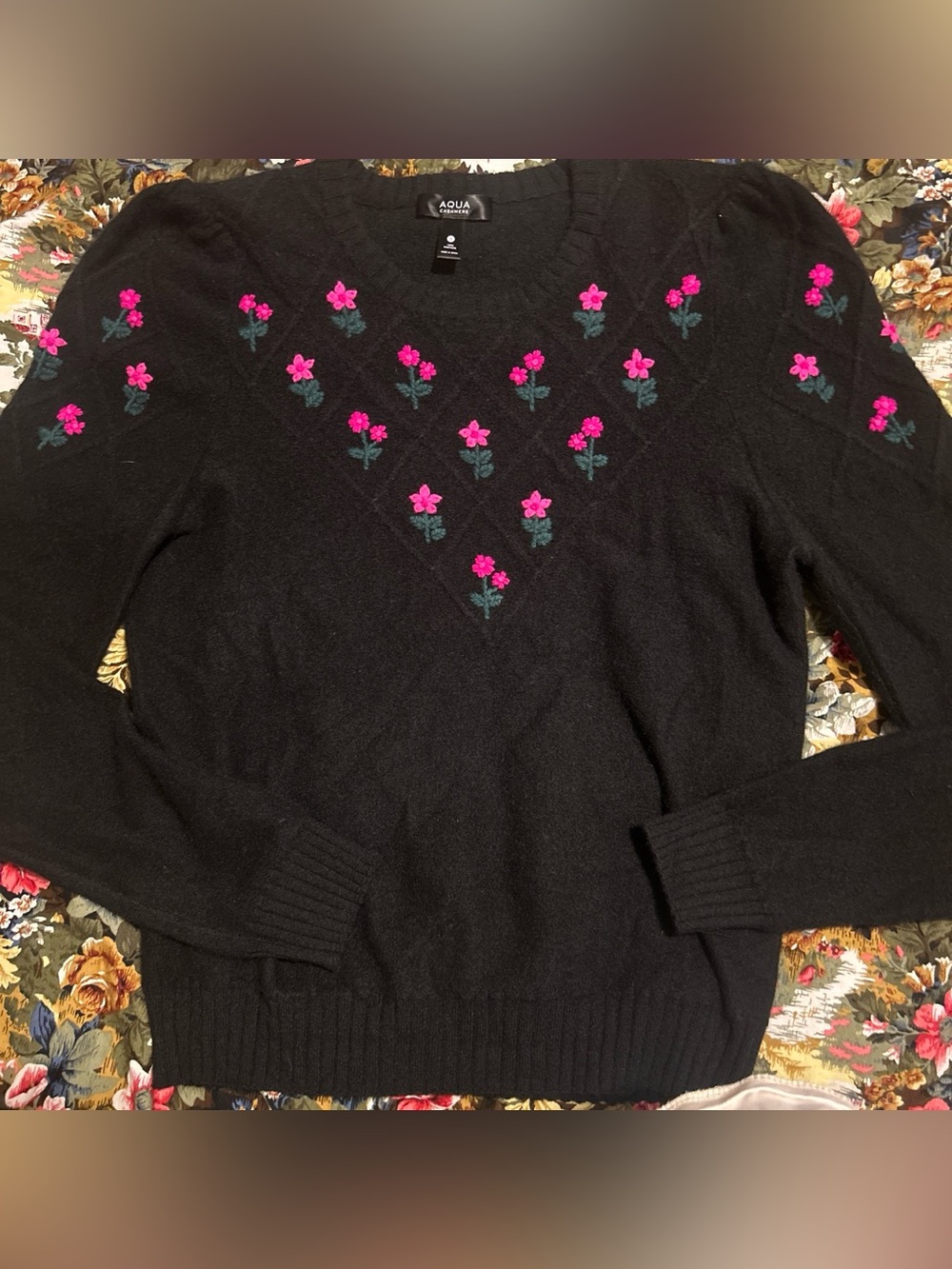 Aqua Black Crewneck Sweater with Pink Floral Embroidery puff small